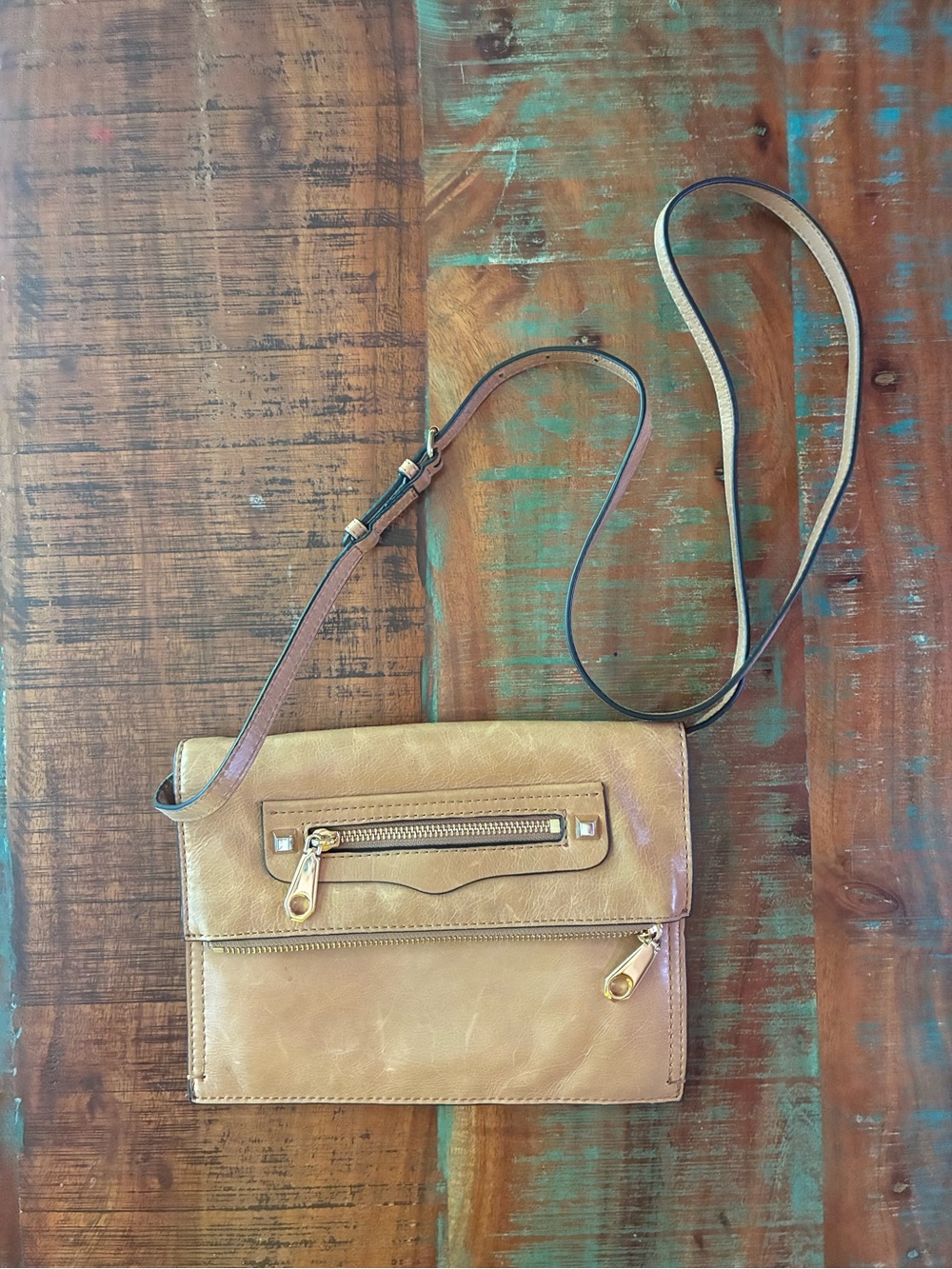 Rebecca Minkoff Small Distressed Regan Clutch Bag in tan leather